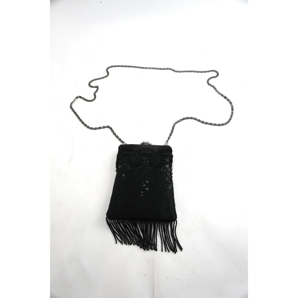 Talbots Evening Bag Black Sequin Beaded Fringe Crossbody Clutch Excellent